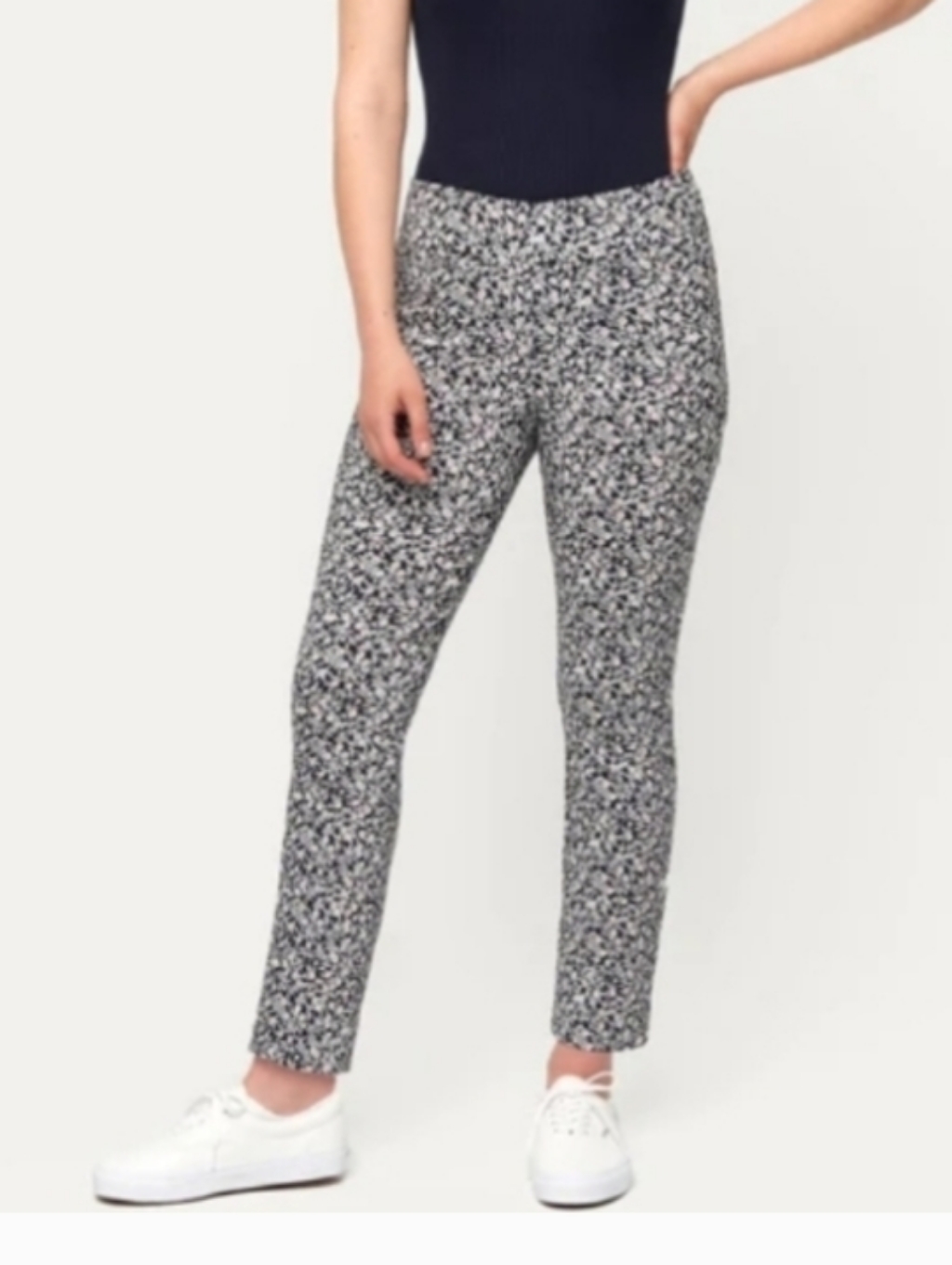 Davina Black White Floral Print Low Rise Ankle Pants, Sz 0